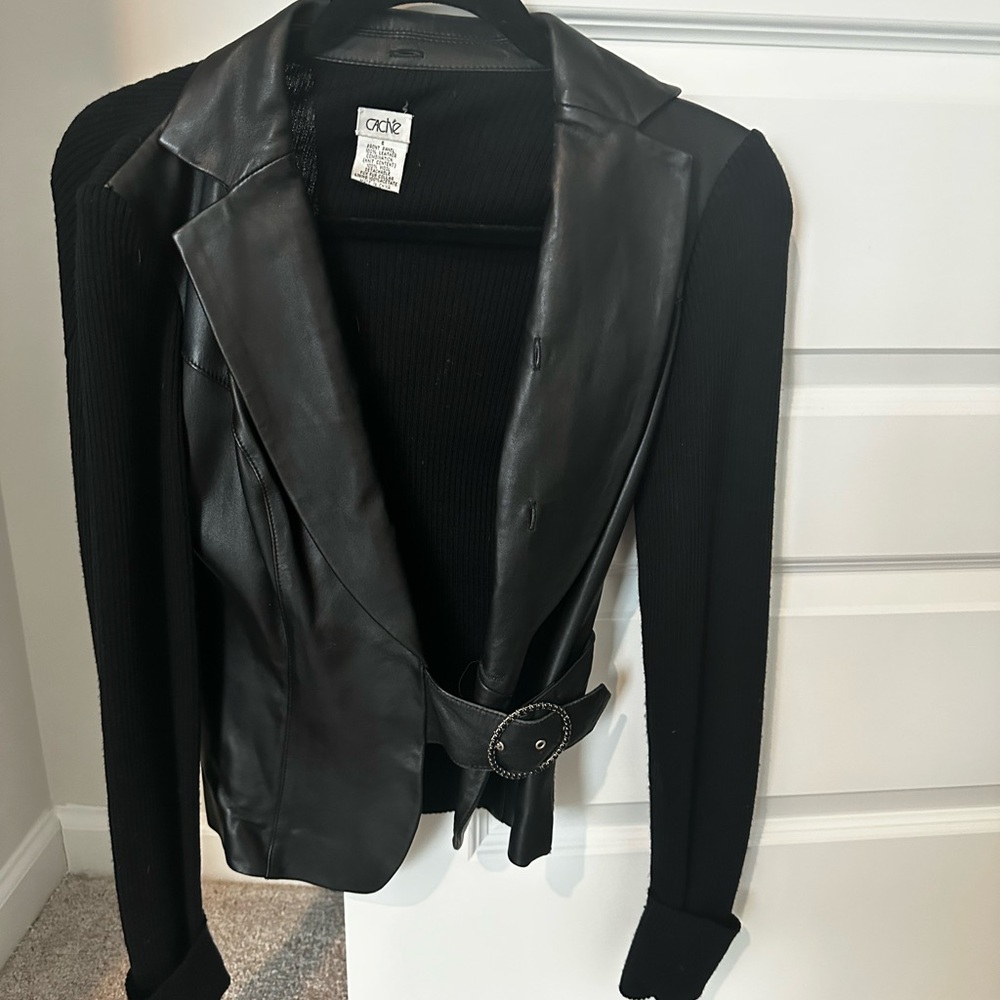 Cache Black Leather and Wool Women's Jacket with Belt Size Small